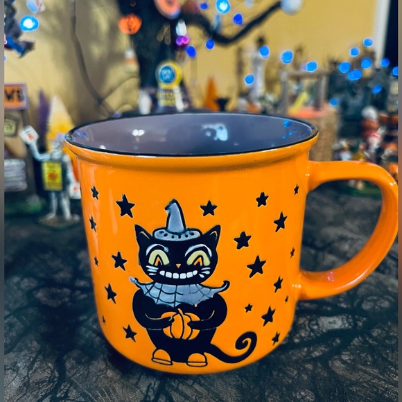 Halloween Stoneware Grinning Black Cat Camper Mug Stars Hat Pumpkin - Picture 2 of 7